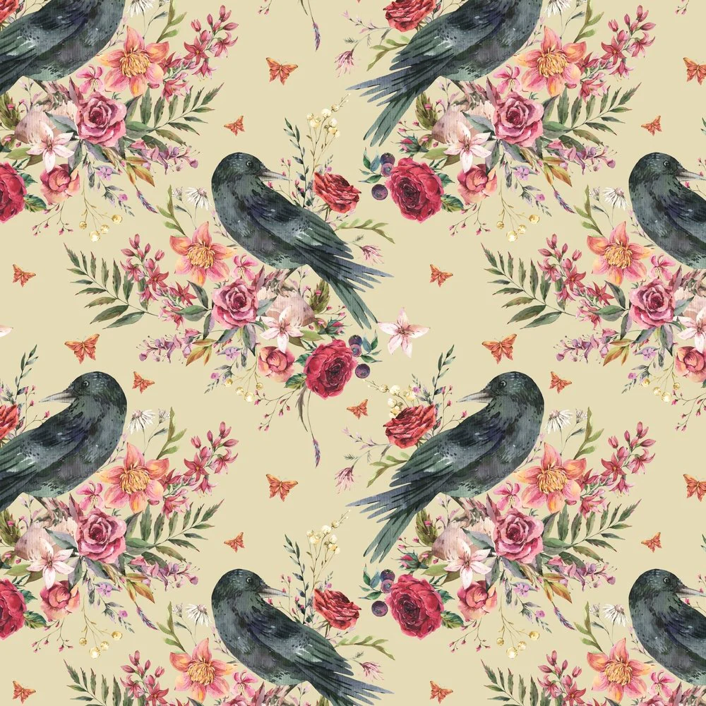 Vintage Florals & Ravens Fabric - Tan