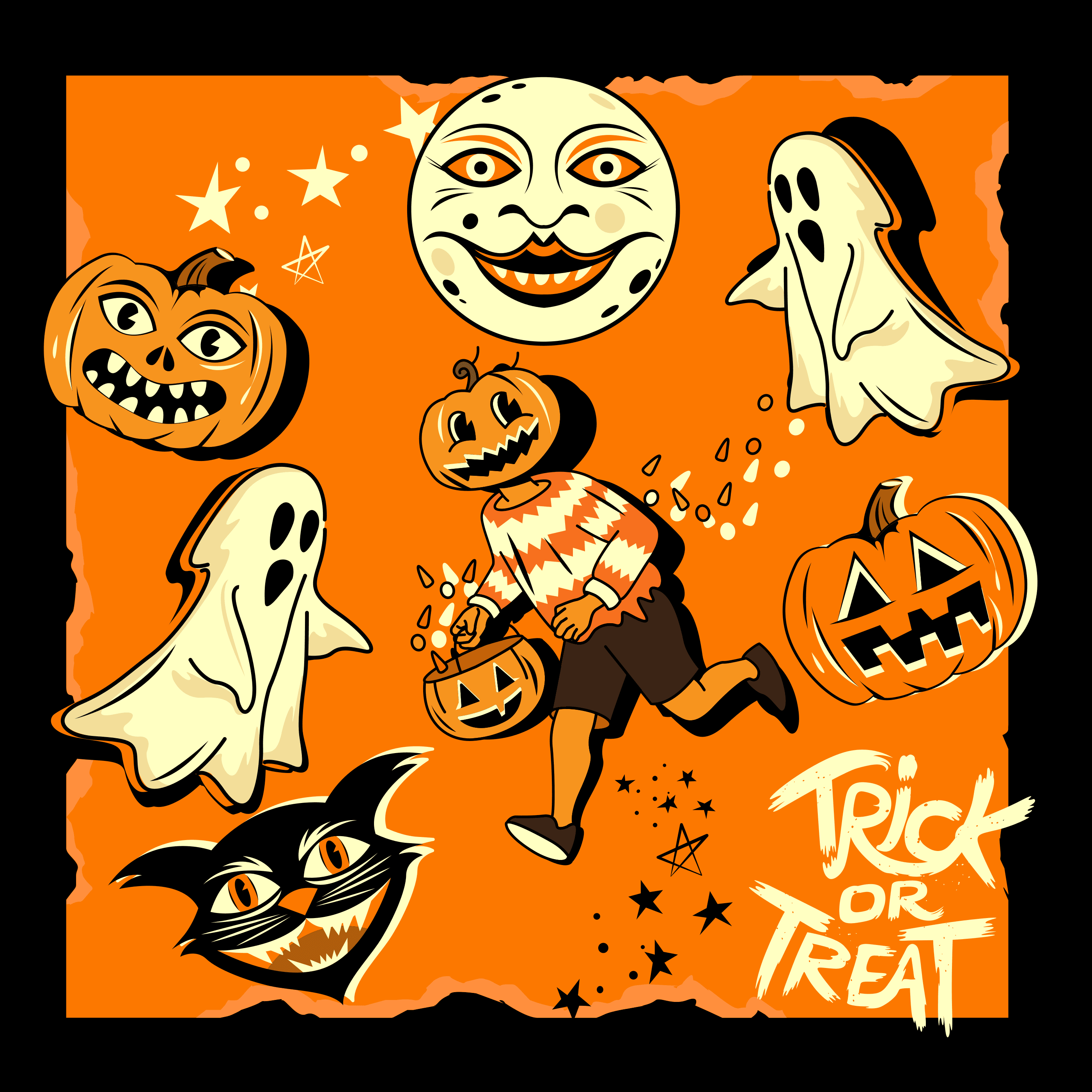 Vintage Halloween Characters Fabric Panel