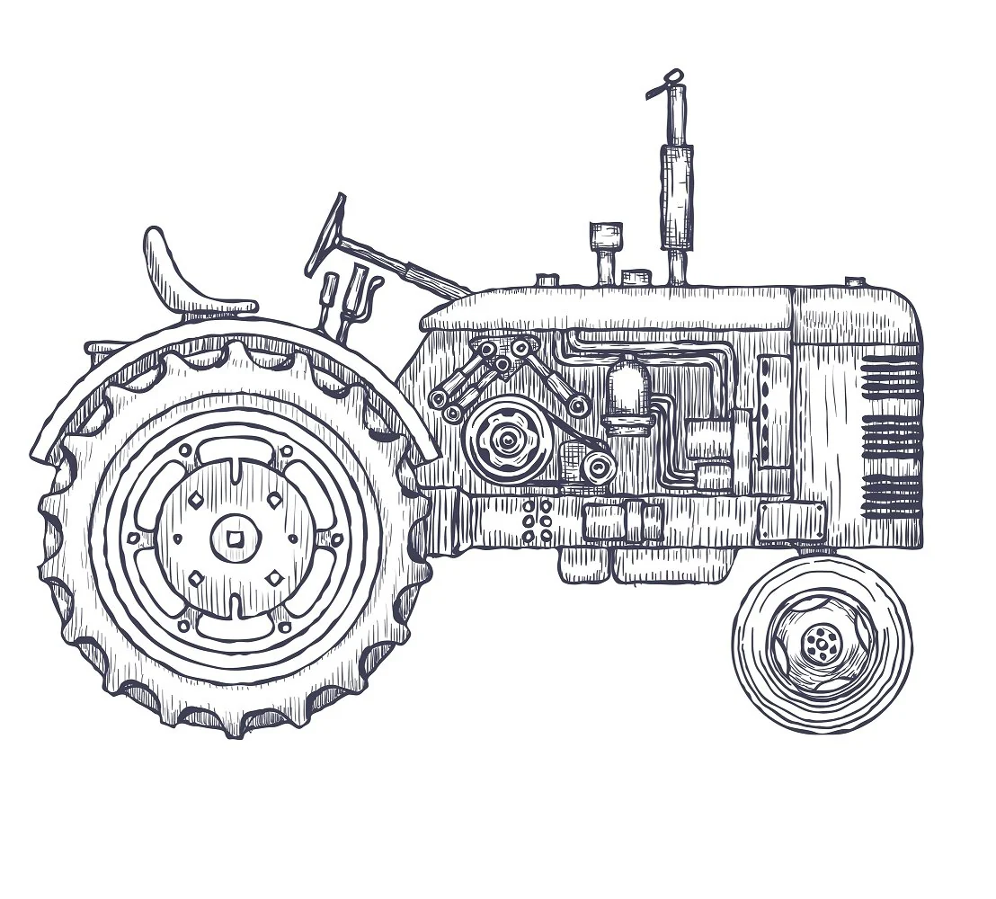 Vintage Hand Drawn Tractor Fabric Panel - White