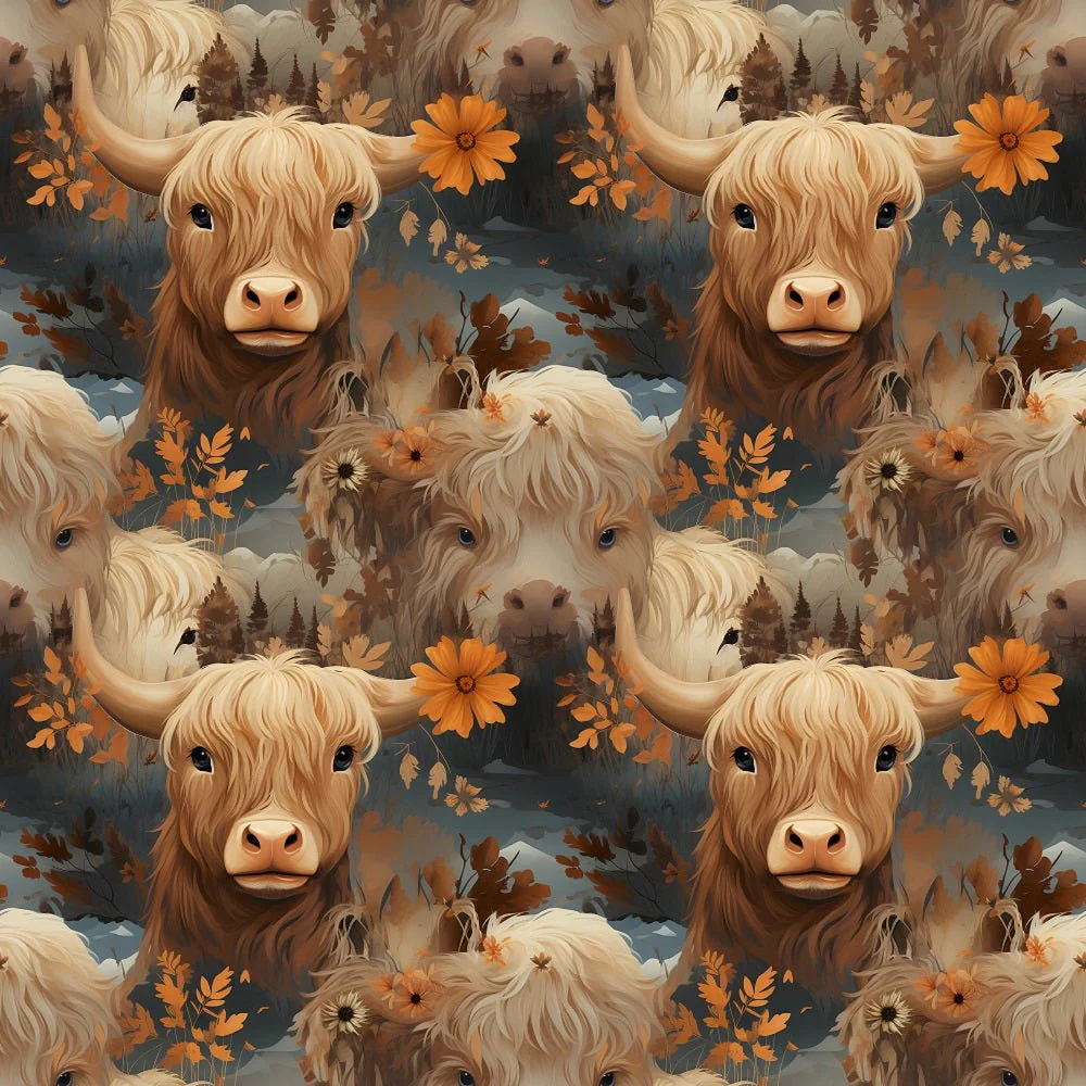 Vintage Highland Cows & Flowers #1 Fabric