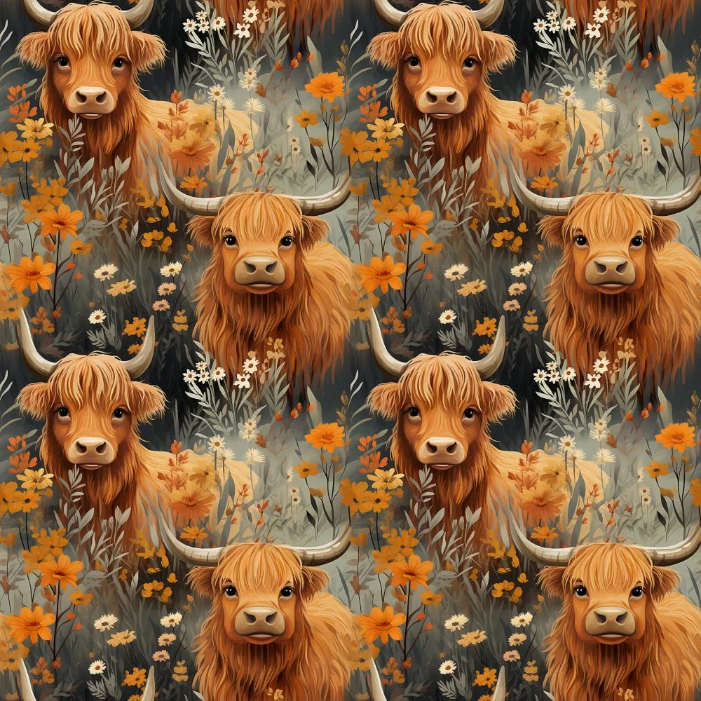 Vintage Highland Cows & Flowers #5 Fabric