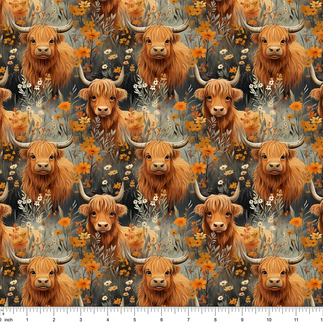 Vintage Highland Cows & Flowers #5 Fabric - Image 2