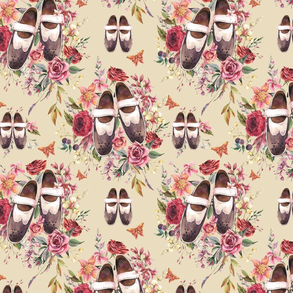 Vintage Shoes & Florals Fabric - Tan
