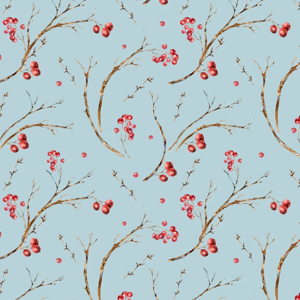 Vintage Tree Branches & Berries Fabric - Blue