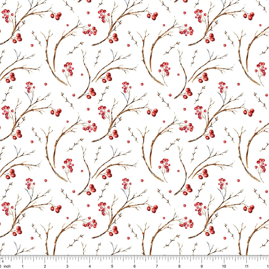 Vintage Tree Branches & Berries Fabric - White - Image 2