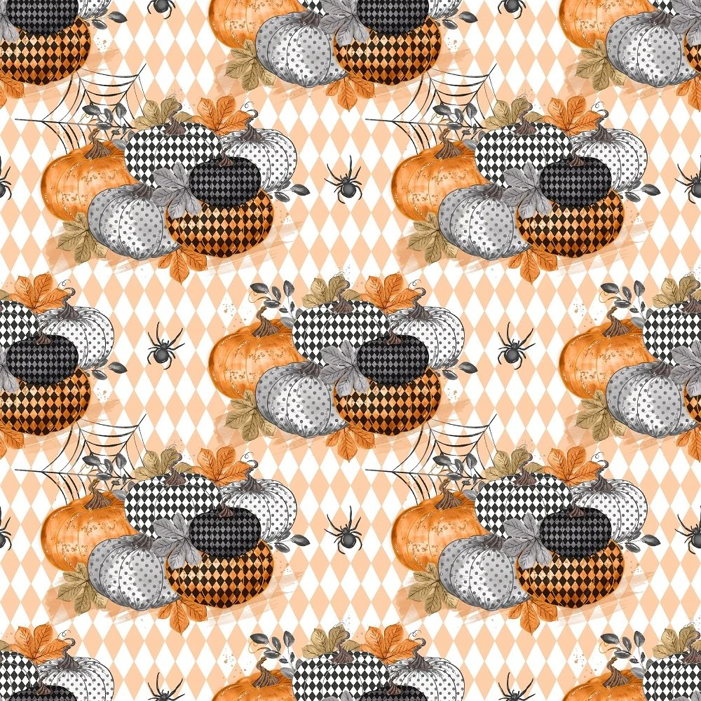 Vintage Trick or Treat Pumpkins Orange Checkered Fabric