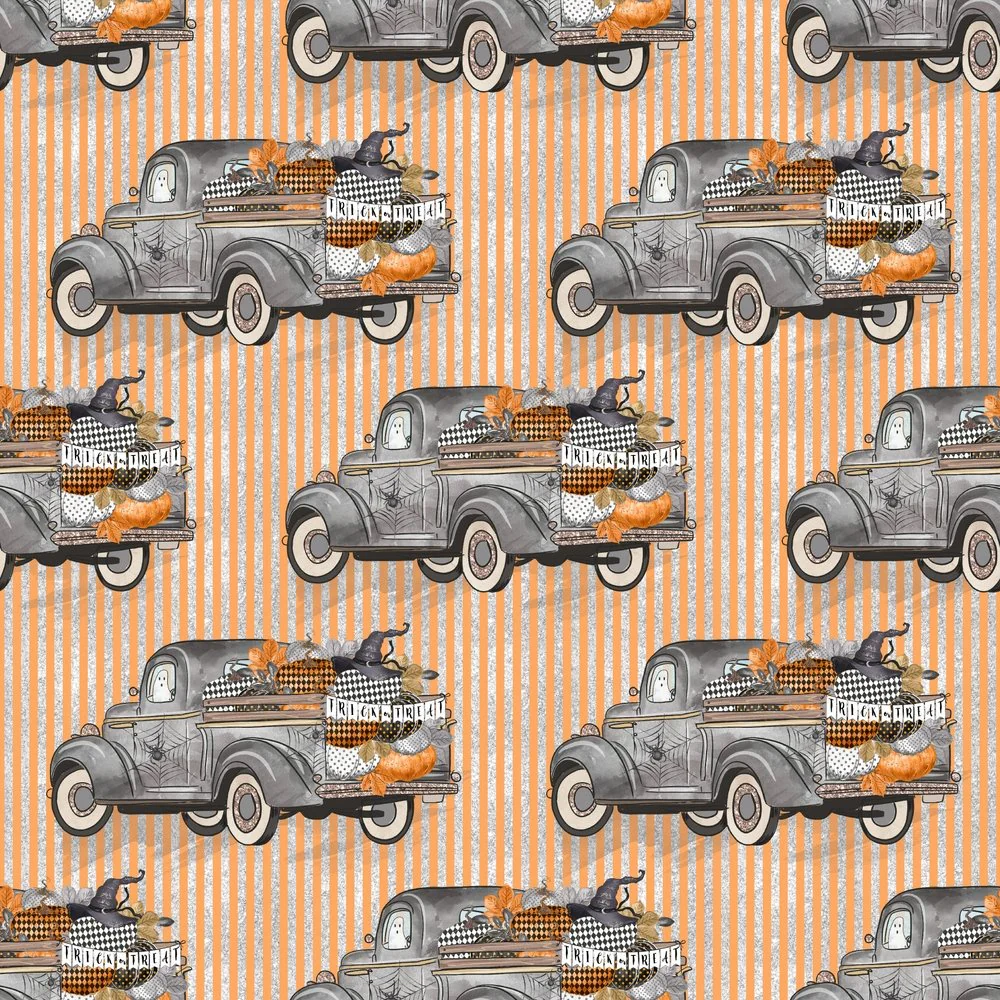 Vintage Trick or Treat Trucks on Orange Stripes Fabric