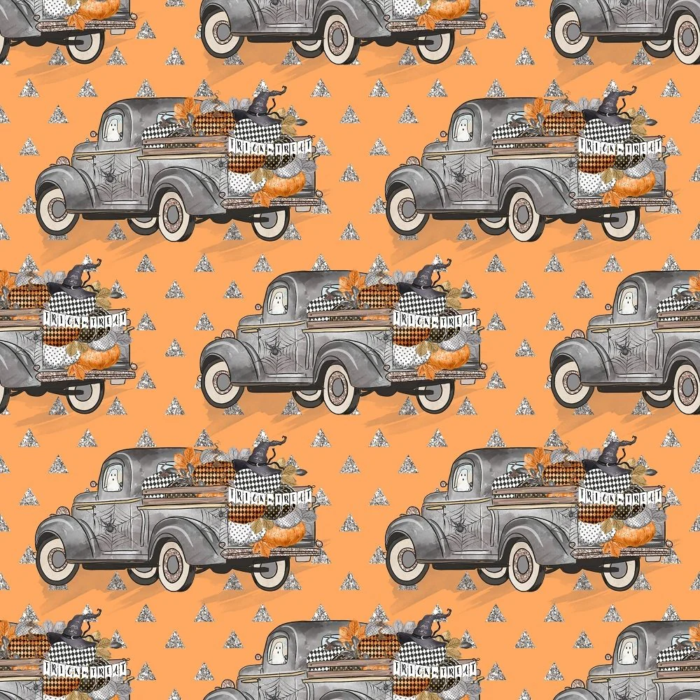 Vintage Trick or Treat Trucks on Orange Triangles Fabric