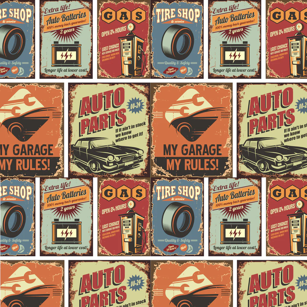 Vintage Vehicle Signs Poster Fabric - Multi
