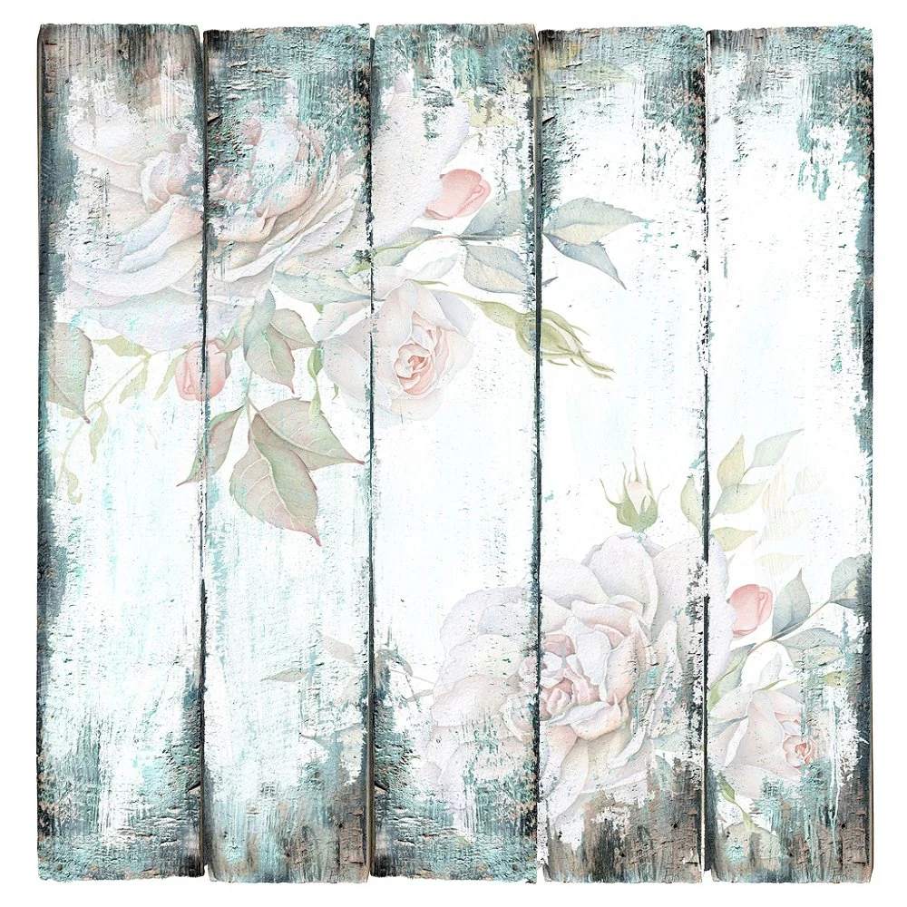 Vintage Wood With Rose Bouquets Fabric Panel - Gray