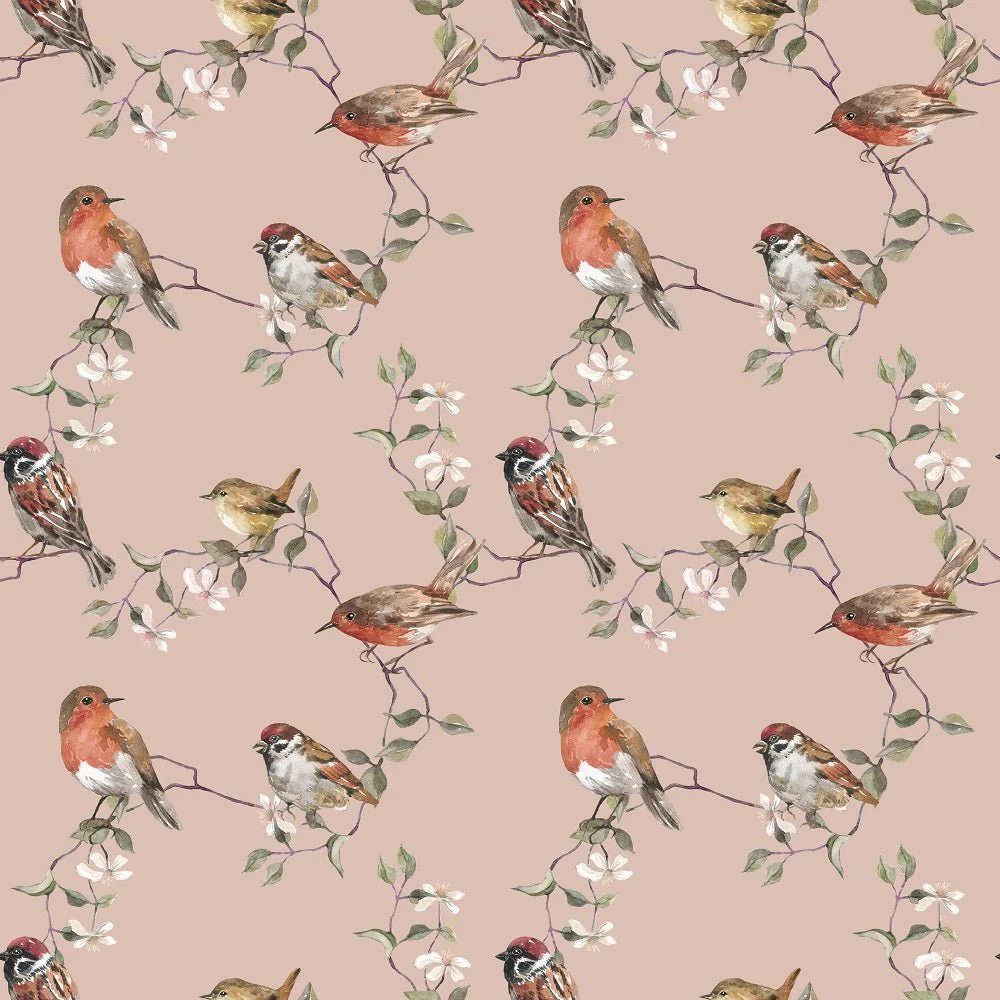 Watercolor Allover Birds Fabric - Brown