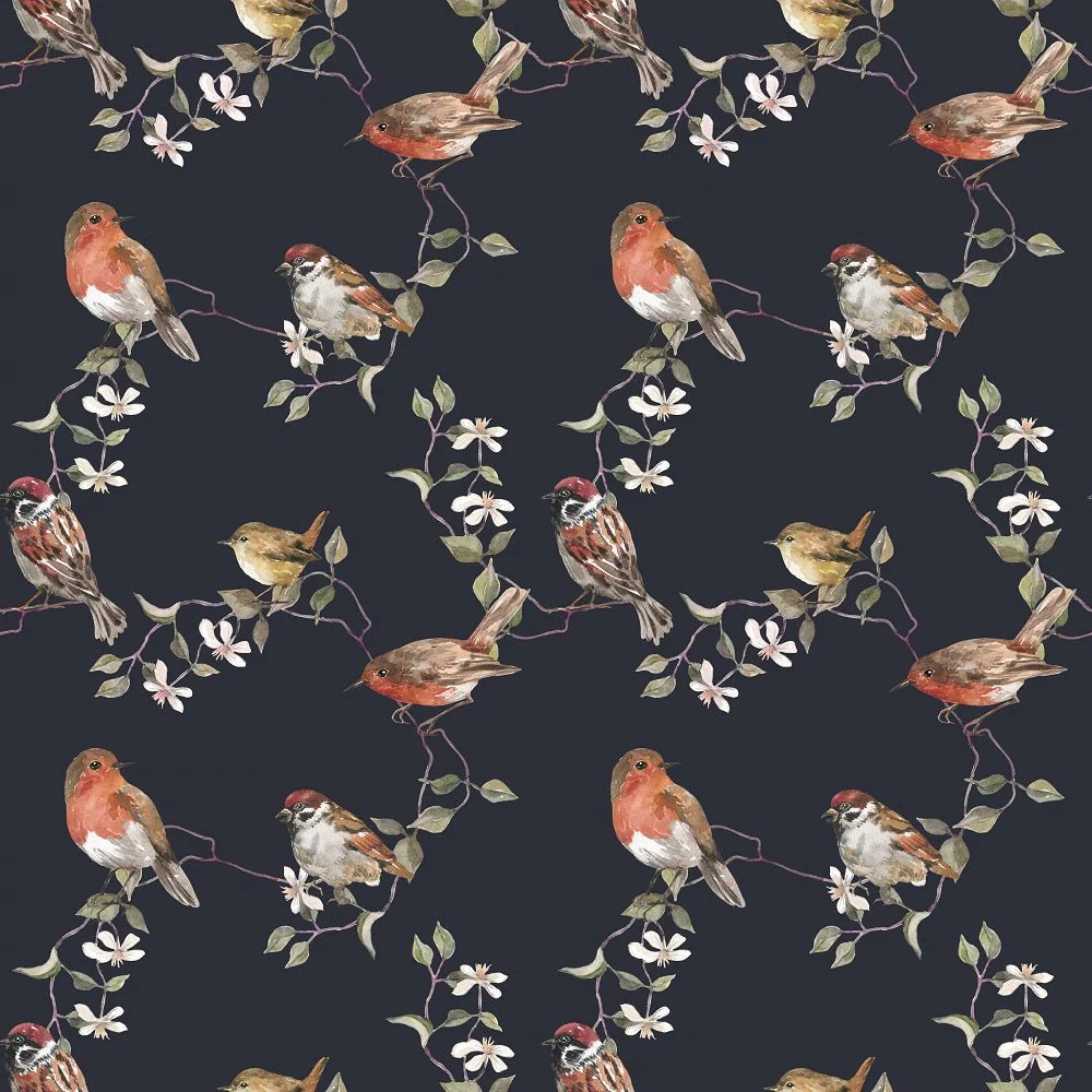 Watercolor Allover Birds Fabric - Navy