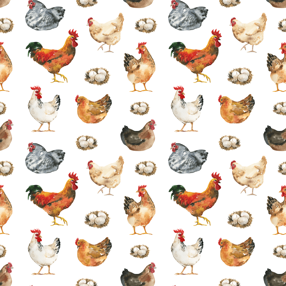 Watercolor Allover Chicken Farm Fabric - White