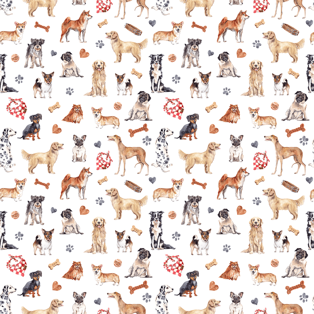Watercolor Allover Dogs Fabric - White