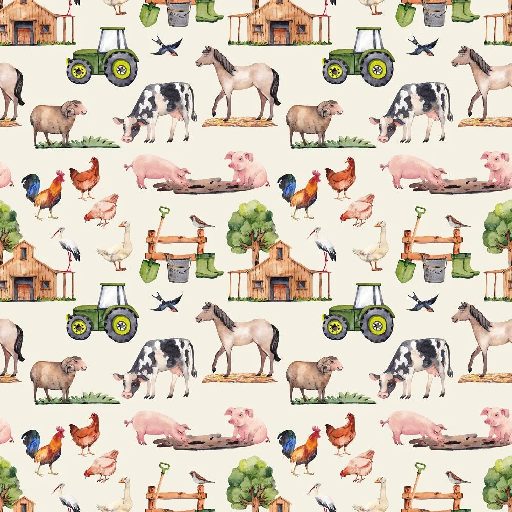 Watercolor Allover Farm Animals Fabric - Tan