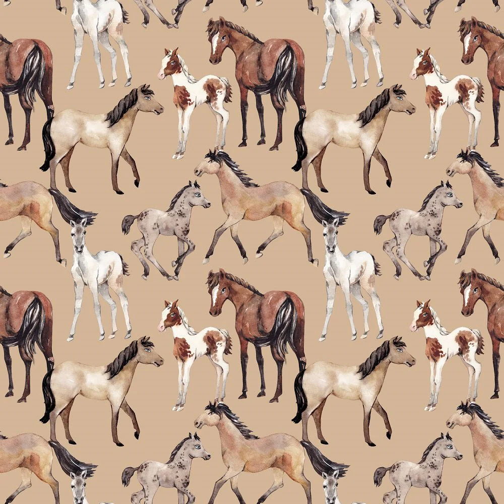 Watercolor Allover Horses Fabric - Tan
