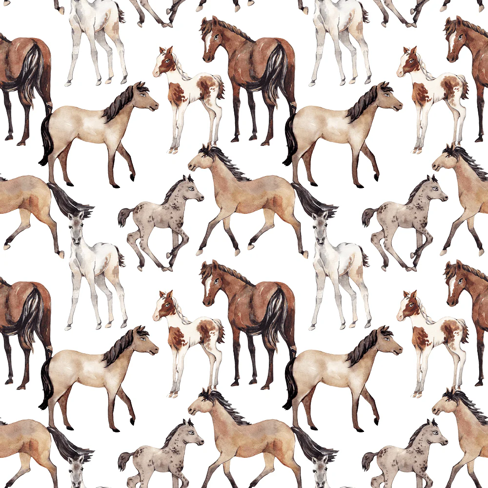 Watercolor Allover Horses Fabric - White