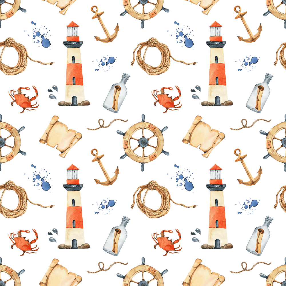 Watercolor Allover Nautical Fabric - White