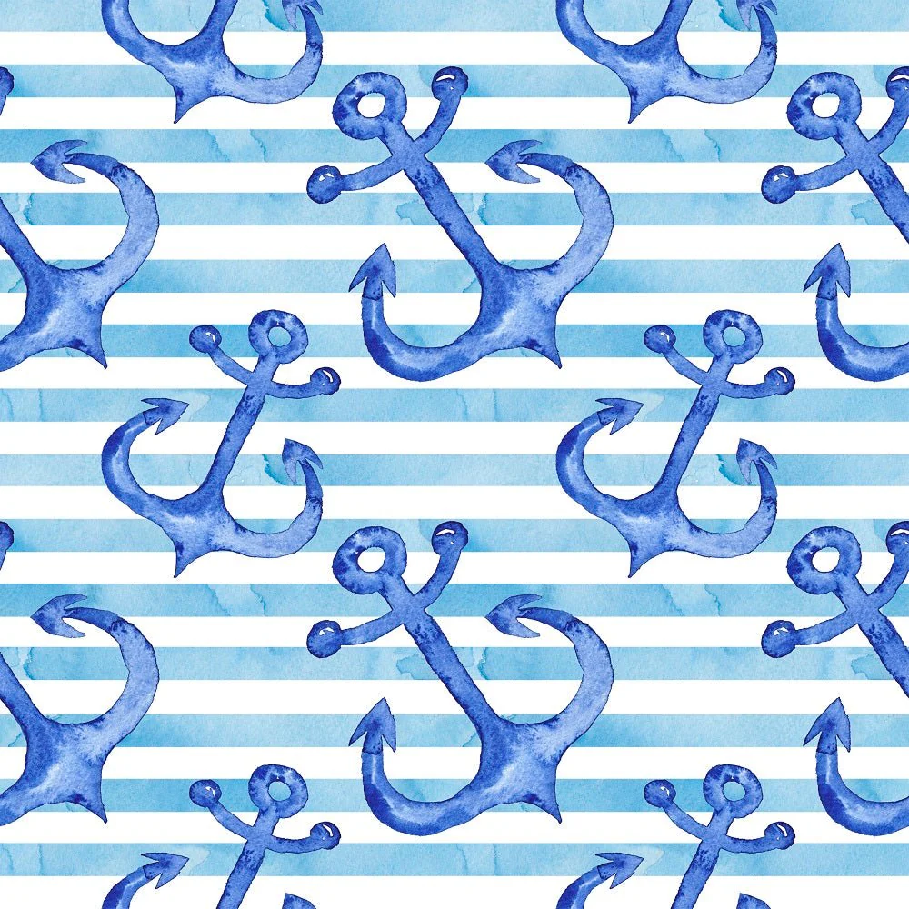 Watercolor Anchors on Stripes Fabric