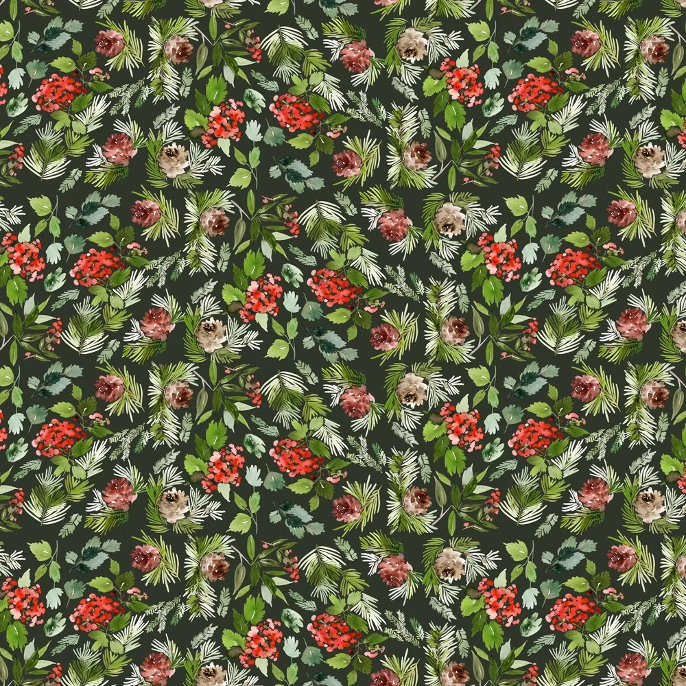 Watercolor Berries and Spruce Fabric - Black