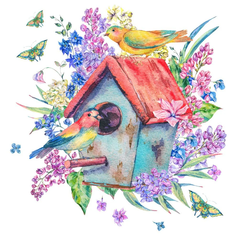 Watercolor Birdhouse Scene Fabric Panel