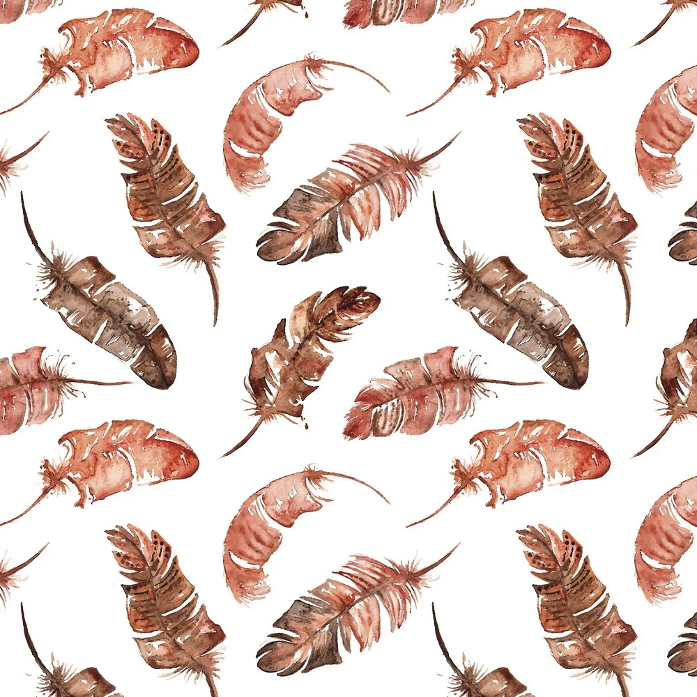 Watercolor Boho Feather Fabric - Red/Brown