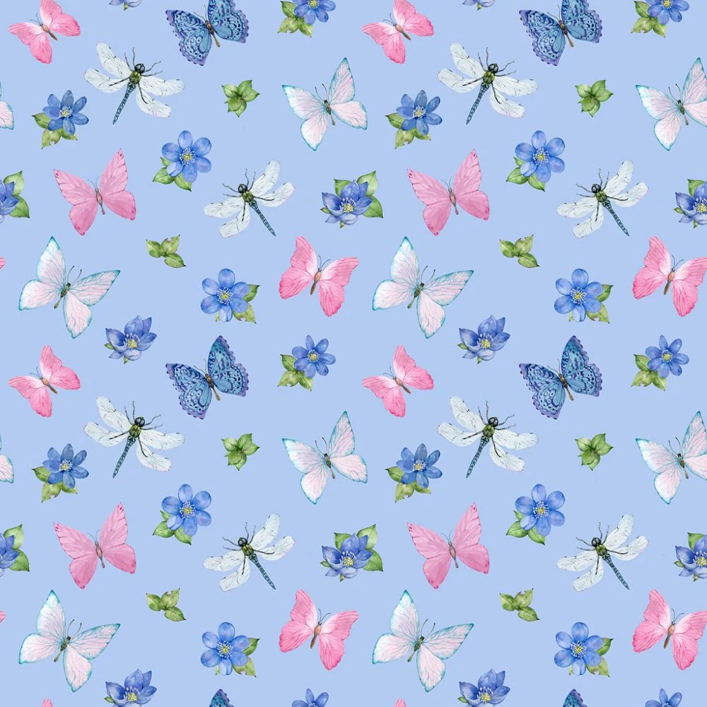 Watercolor Butterflies, Dragonflies, & Flowers Fabric - Blue
