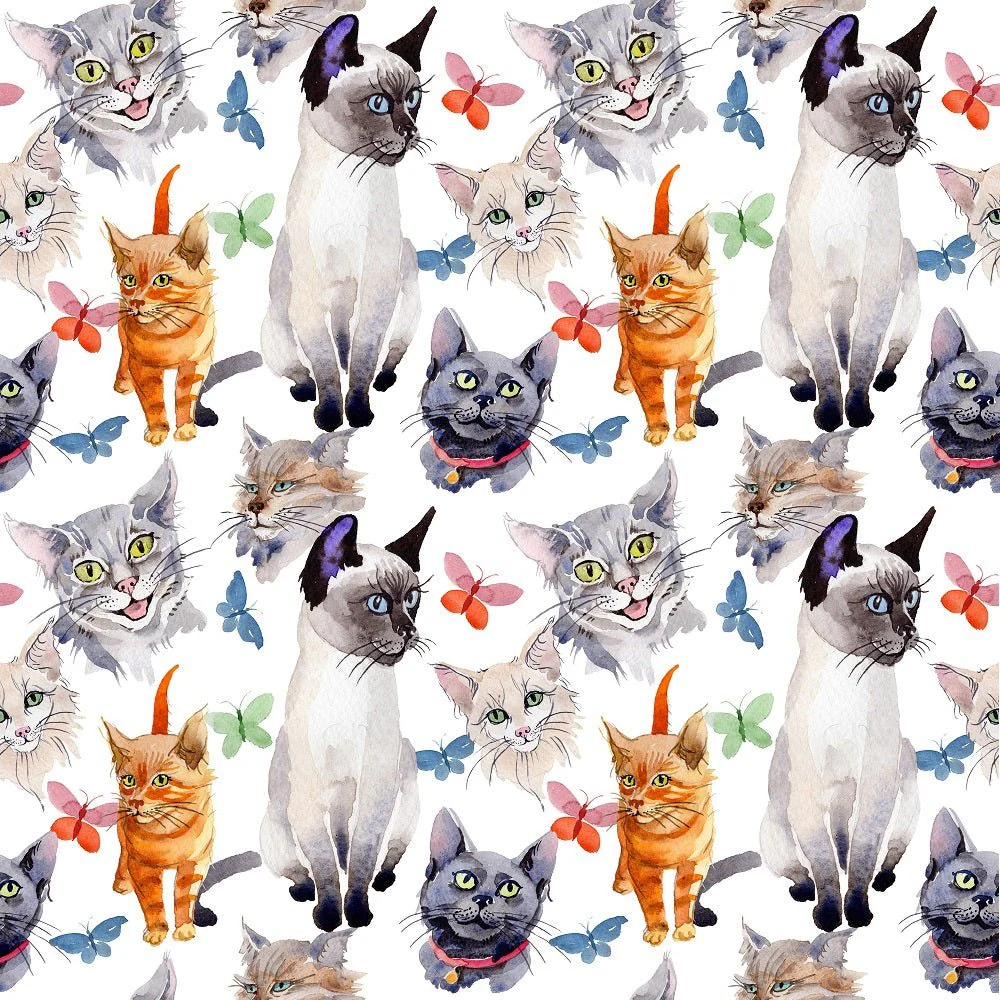 Watercolor Cats and Butterflies Fabric
