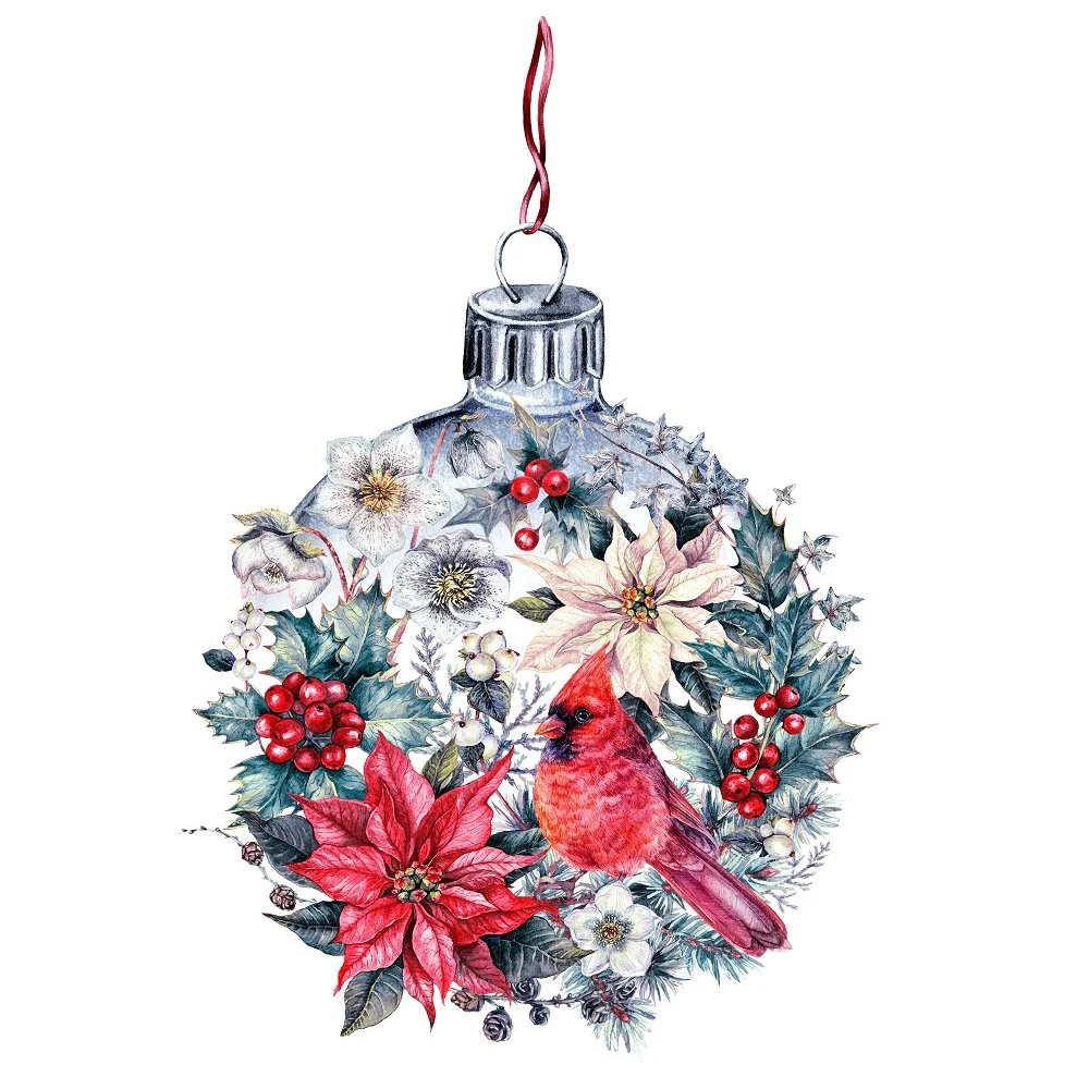 Watercolor Christmas Cardinal Ornament Fabric Panel