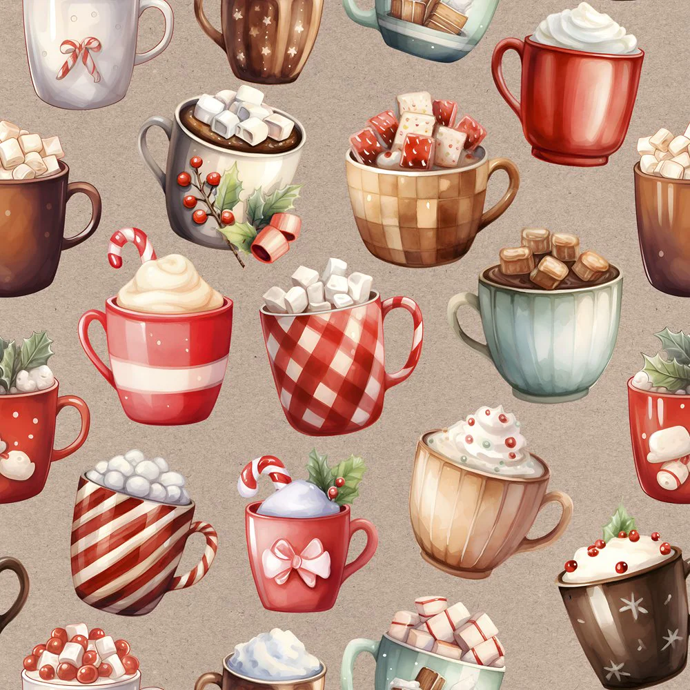 Watercolor Christmas Mugs Fabric