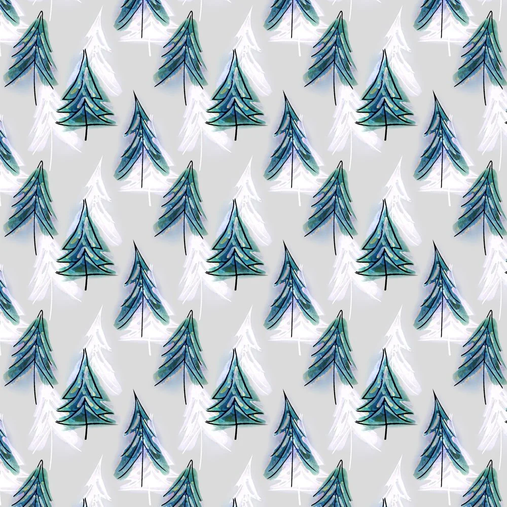 Watercolor Christmas Trees Fabric - Blue