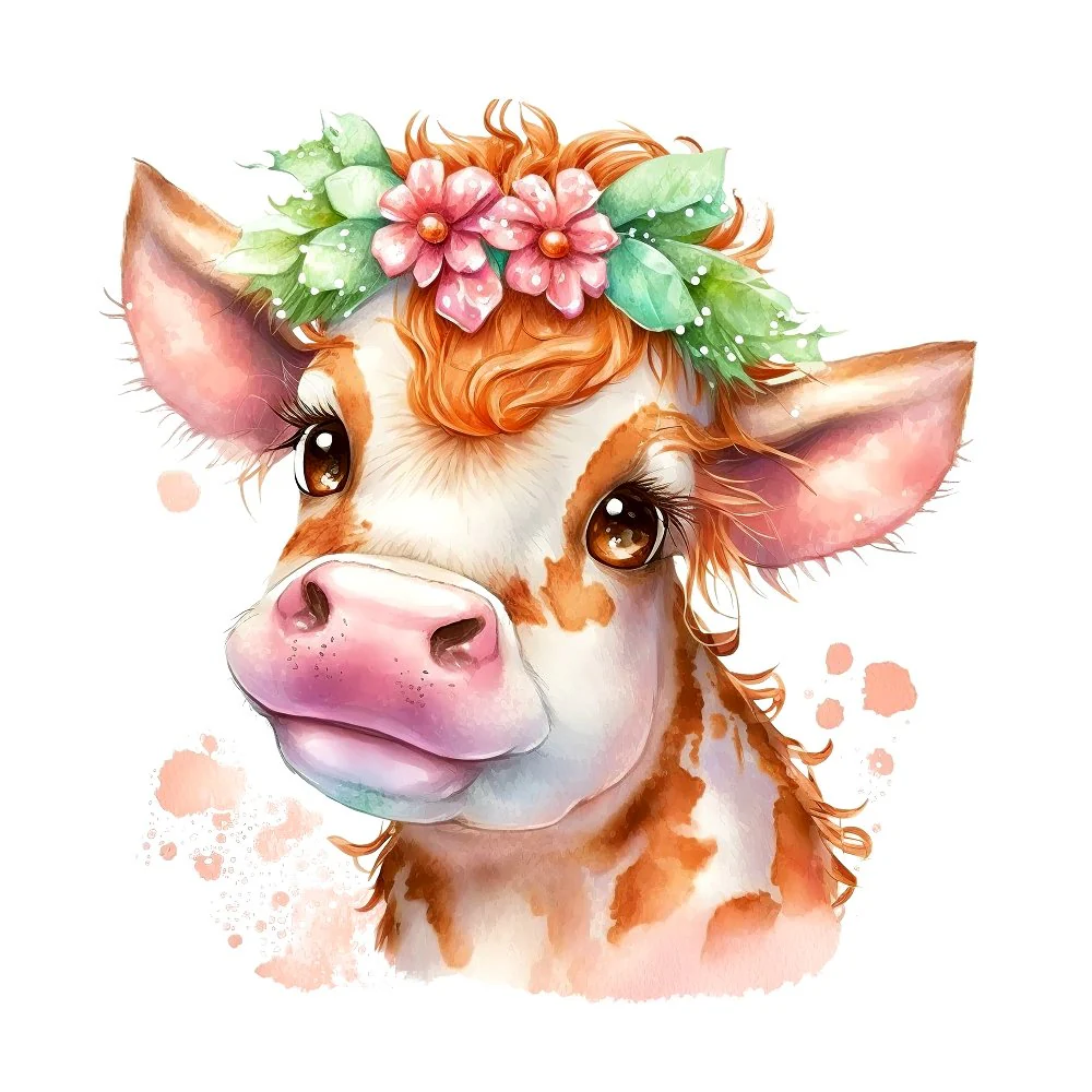 Watercolor Cows & Flowers #5 Fabric Panel