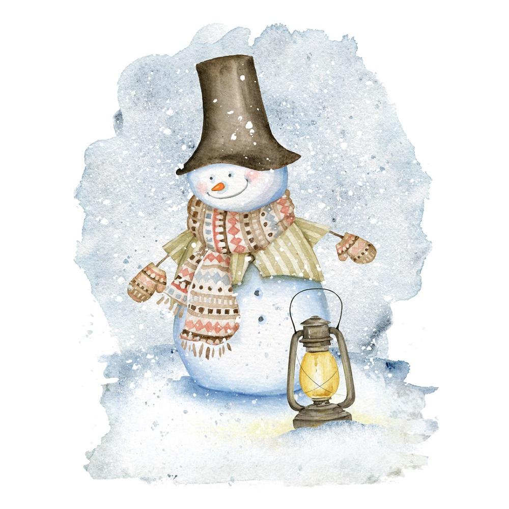 Watercolor Cute Snowman With Lantern Fabric Panel