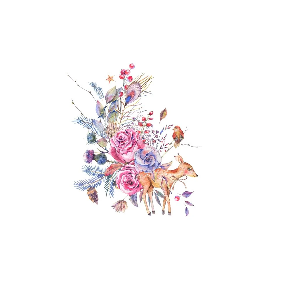 Watercolor Deer With Florals Fabric Panel