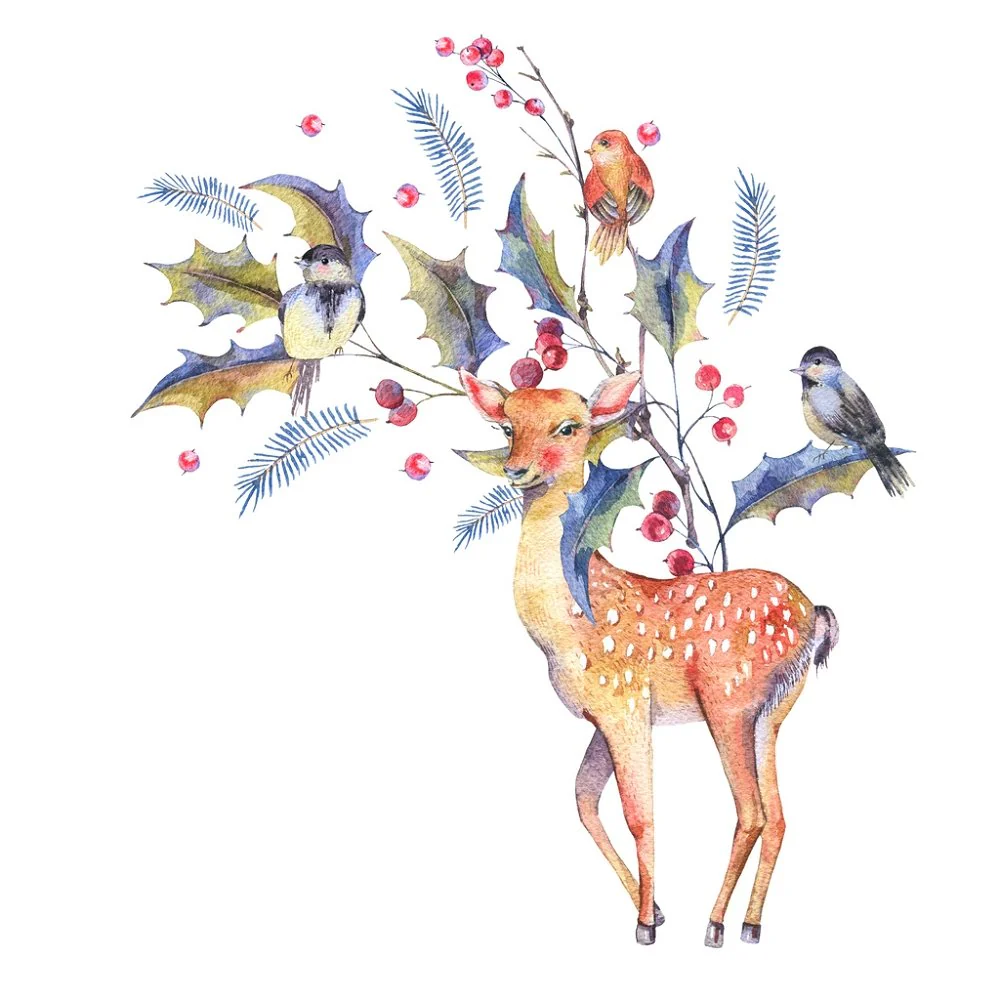 Watercolor Deer With Holly Berry Fabric Panel