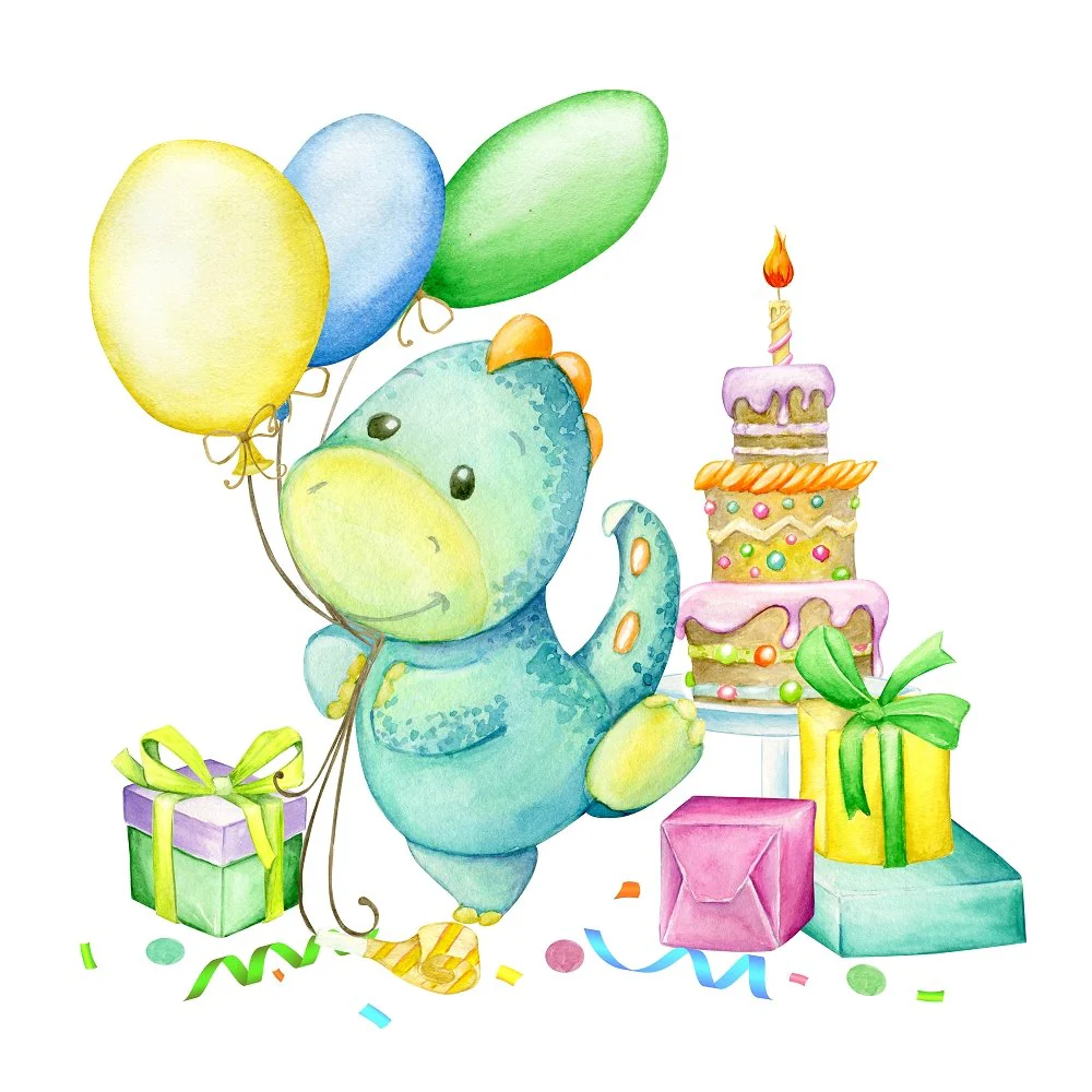 Watercolor Dino Birthday Fabric Panel