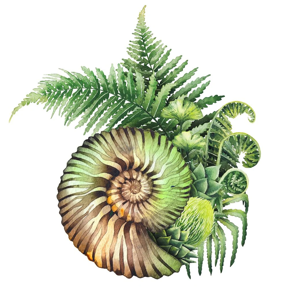 Watercolor Dinosaur Fossil With Plants Style #2 Fabric Panel