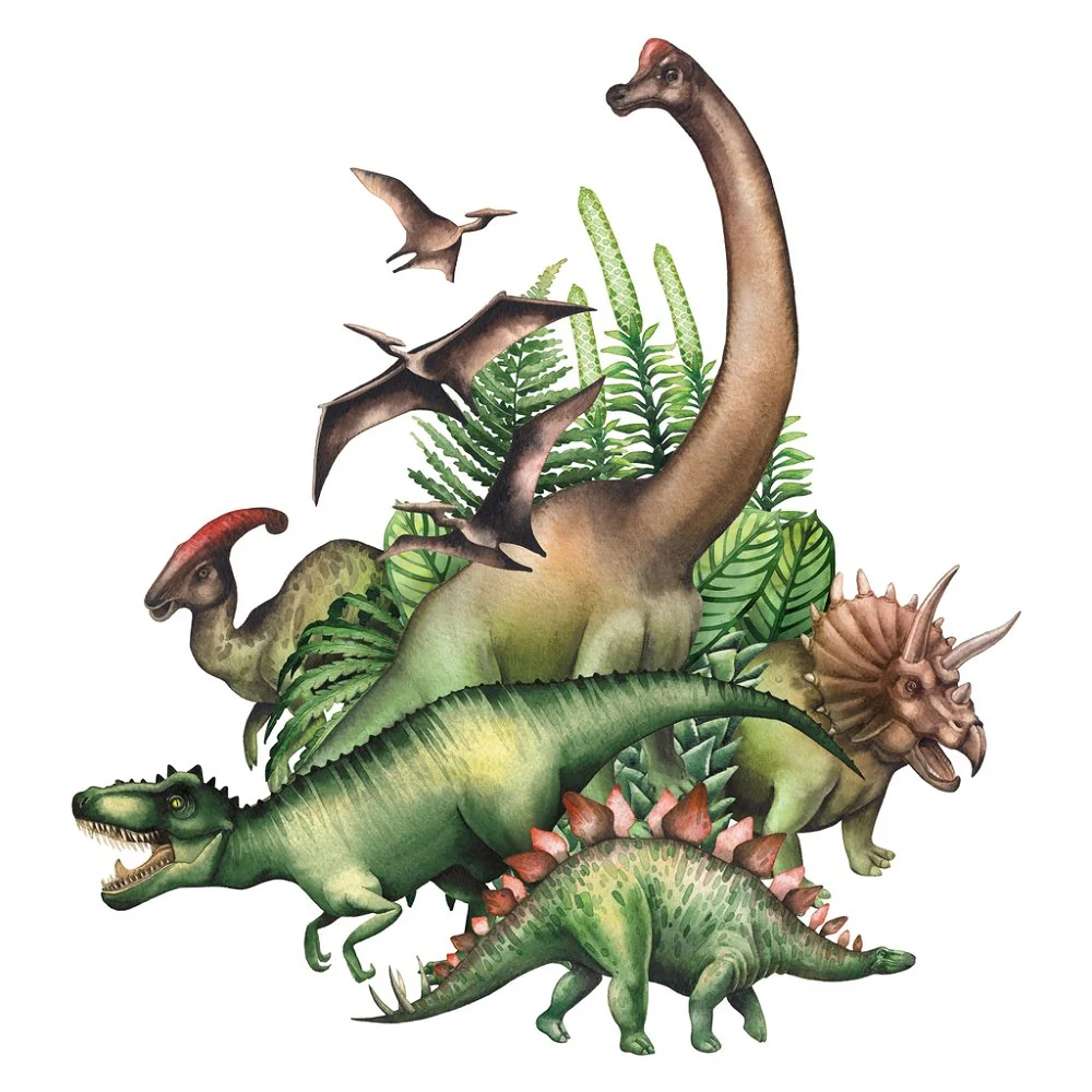 Watercolor Dinosaurs & Plants Fabric Panel - Green