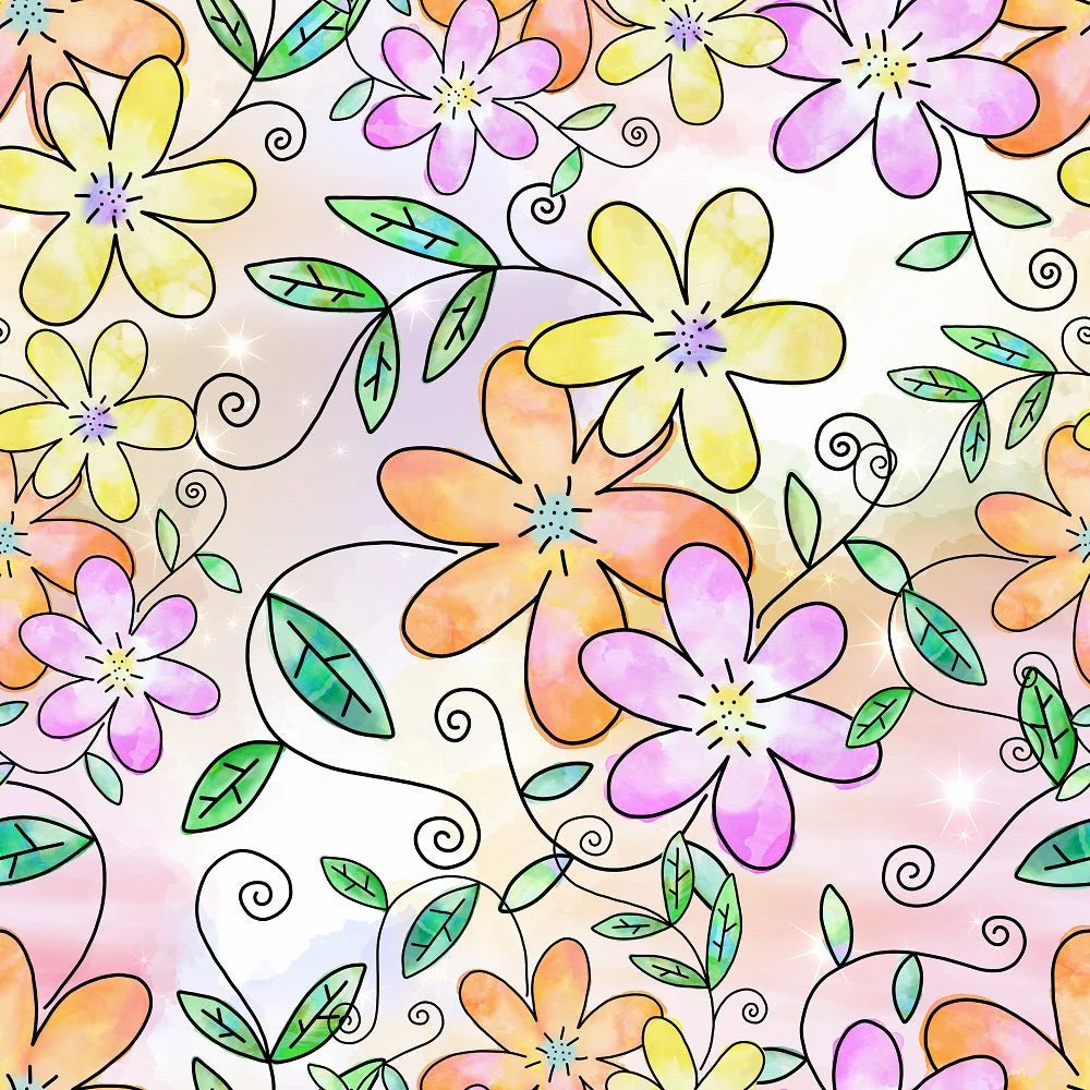 Watercolor Doodle Bouquet #7 Fabric