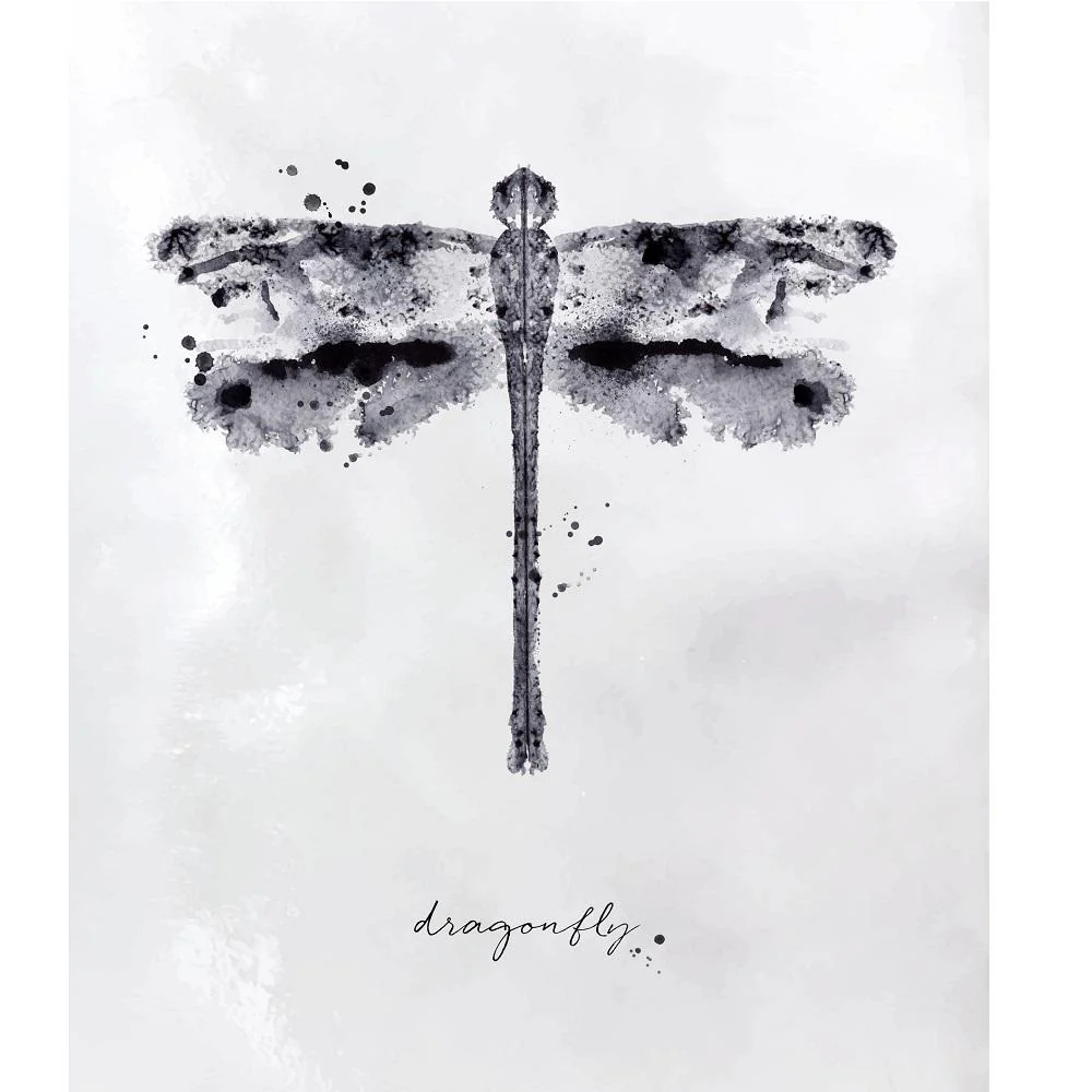 Watercolor Dragonfly Fabric Panel - Black & White
