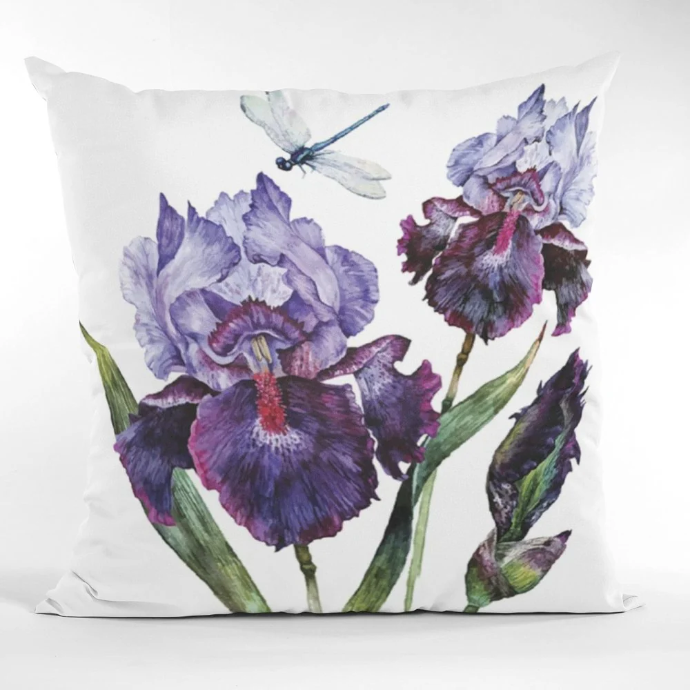 Watercolor Dragonfly & Iris Bouquet Fabric Panel - White - Image 3