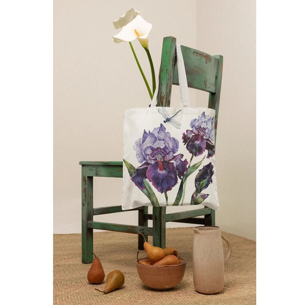 Watercolor Dragonfly & Iris Bouquet Fabric Panel - White - Image 5