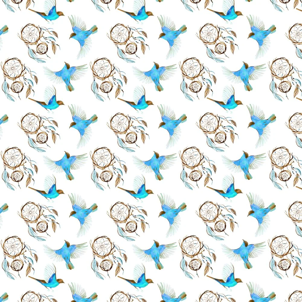 Watercolor Dreamcatcher Fabric - Blue/Brown
