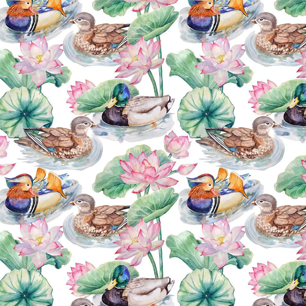 Watercolor Ducks & Lotus Flowers Fabric - White