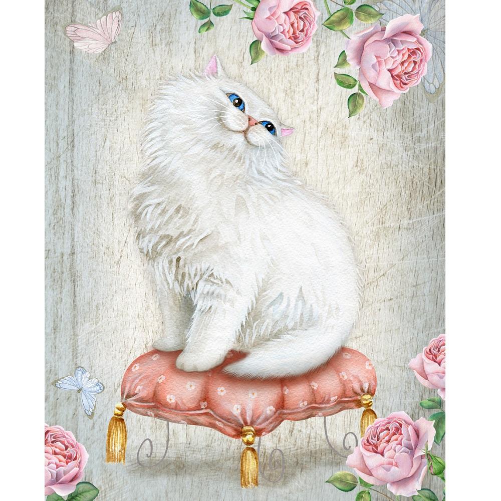 Watercolor English Roses & Kitty Cat Fabric Panel