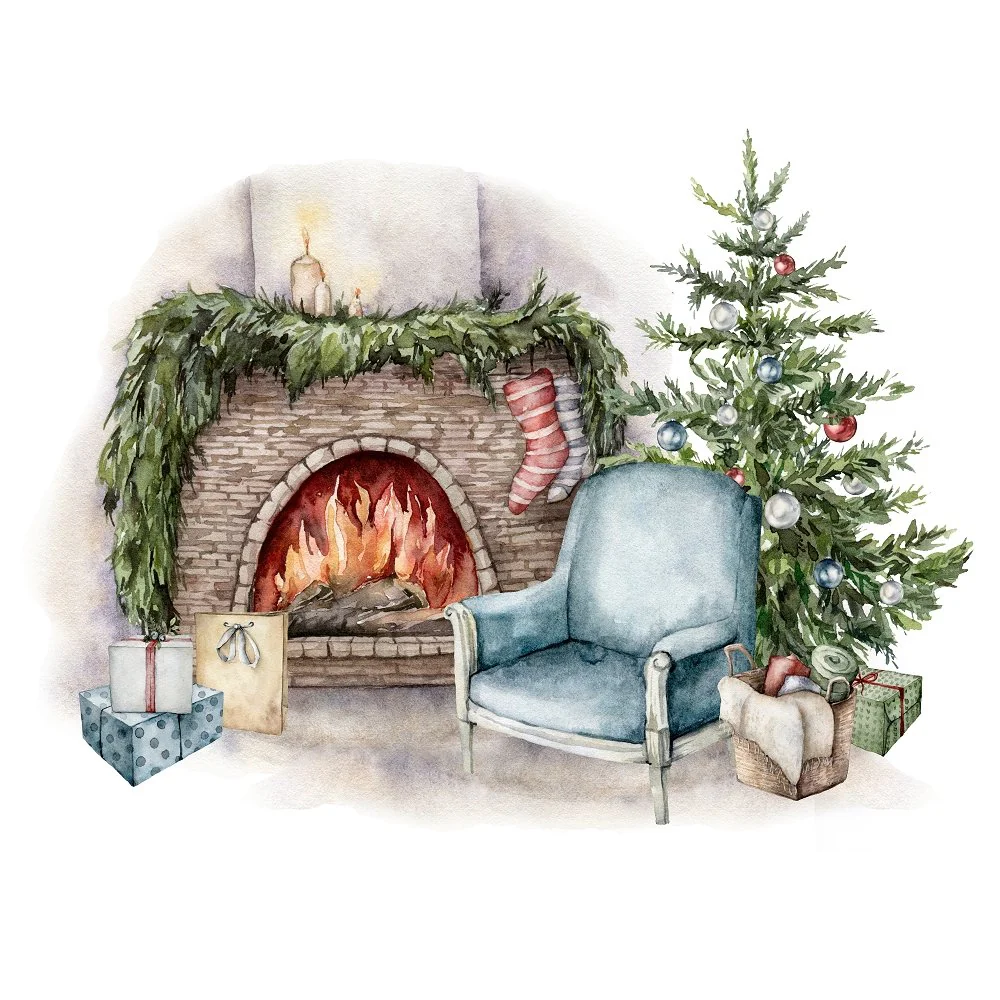 Watercolor Fireplace & Tree Fabric Panel - Multi