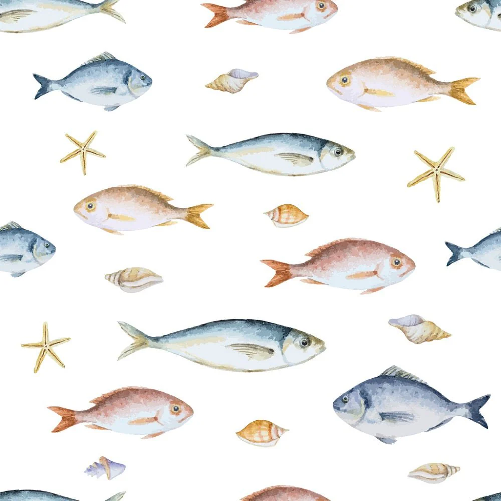 Watercolor Fish and Sea Shells Fabric