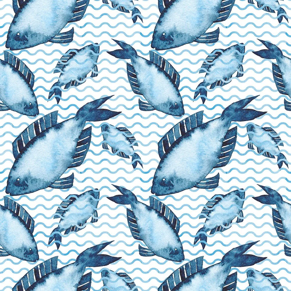 Watercolor Fish on Waves Fabric