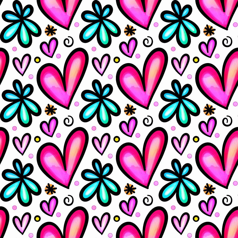 Watercolor Floral Hearts Collage #2 Fabric