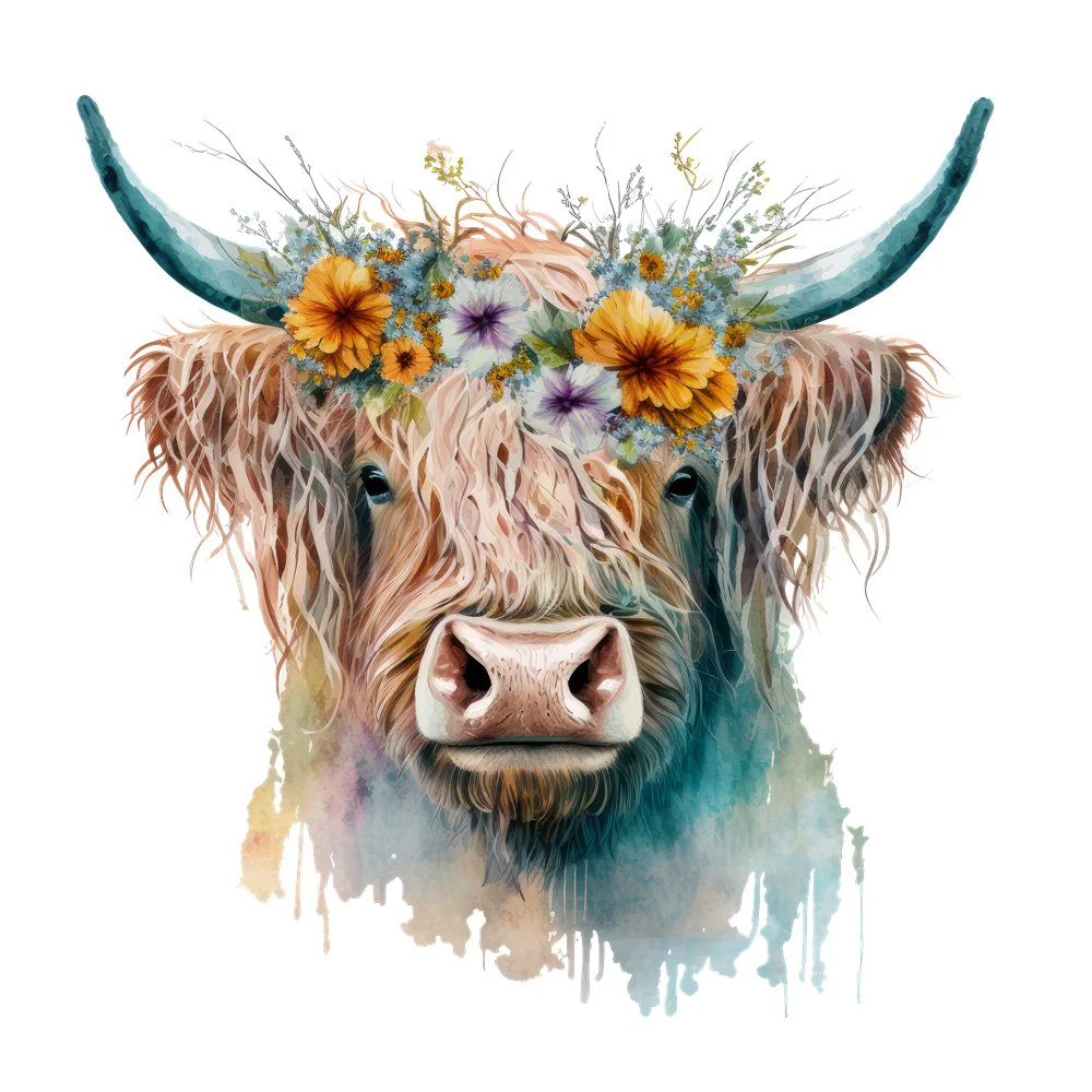 Watercolor Floral Highland Cow #13 Fabric Panel